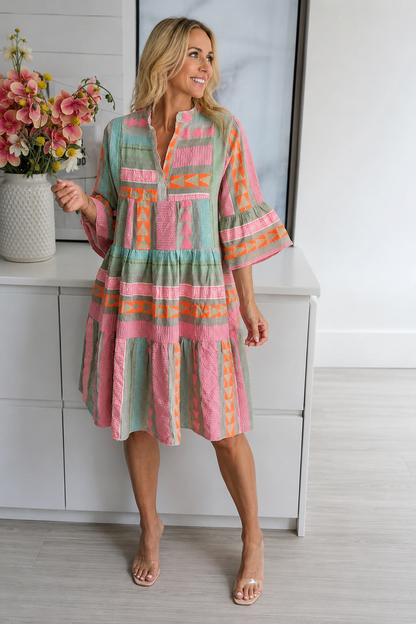 Damita – Dames Midi Jurk – Kleurrijke Print – Halflange Pofmouwen – Lente / Zomer