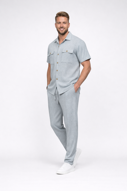Jochem – Heren set – Wafelgebreid shirt en broek – Katoenmix – Lente / Zomer