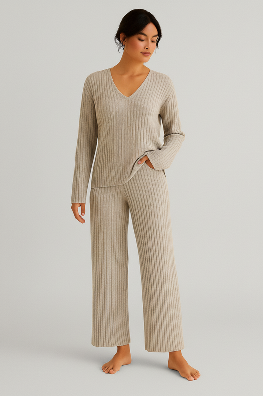 Jimena – Comfortabele tweedelige loungewear set dames – Ribstof polymix – Herfst / Lente