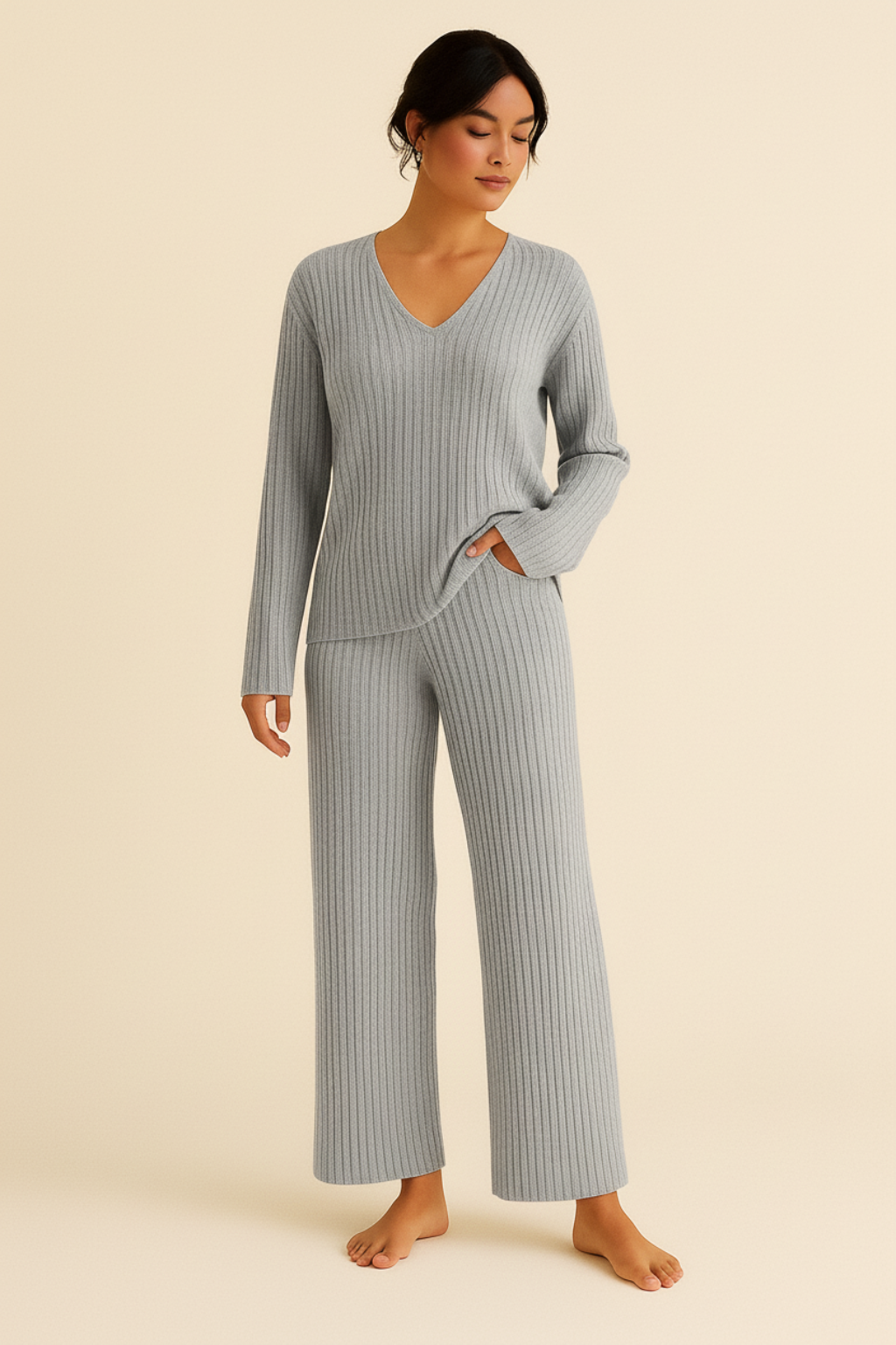 Jimena – Comfortabele tweedelige loungewear set dames – Ribstof polymix – Herfst / Lente