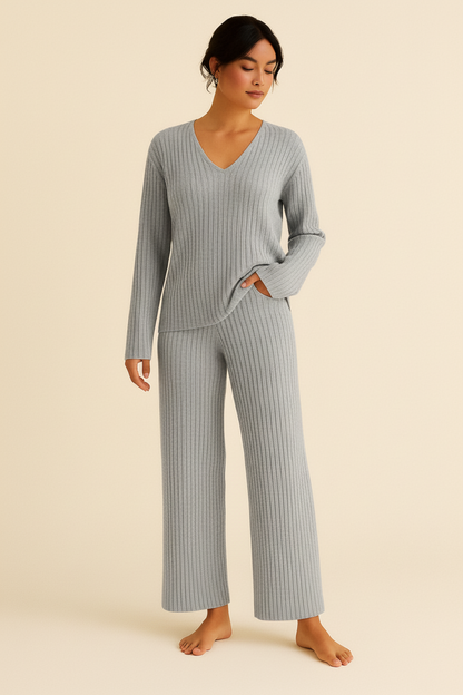 Jimena – Comfortabele tweedelige loungewear set dames – Ribstof polymix – Herfst / Lente