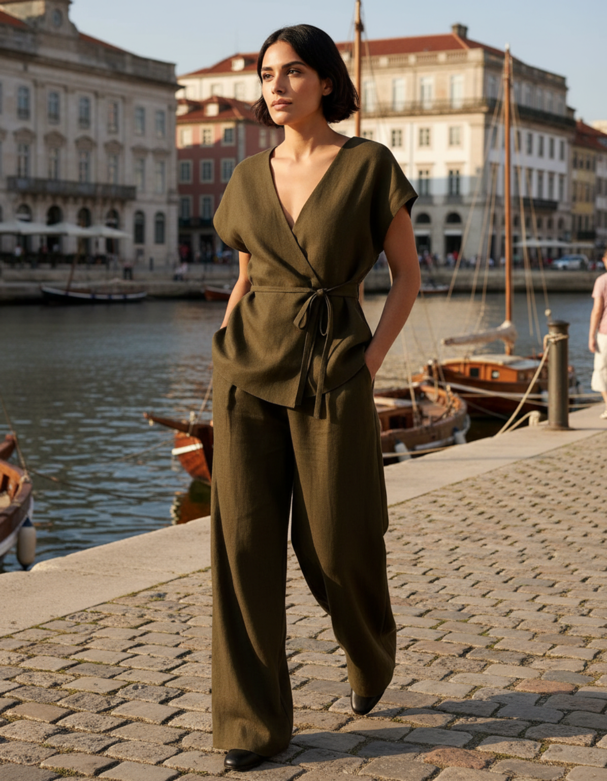 Calinda – Tweedelige dames set – Overslagtop met strik - wijde pantalon – Lente / Zomer