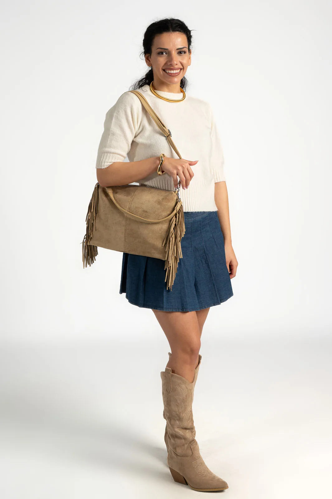 Berindina - Dames geplooide denim minirok - Lente / Zomer