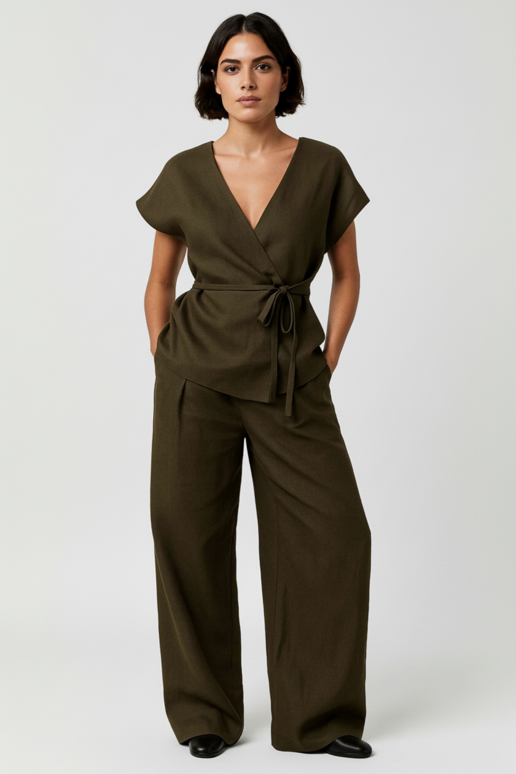 Calinda – Tweedelige dames set – Overslagtop met strik - wijde pantalon – Lente / Zomer