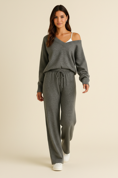 Valerie – Dames lounge-set met V-hals – Gebreide polymix – Herfst / Lente