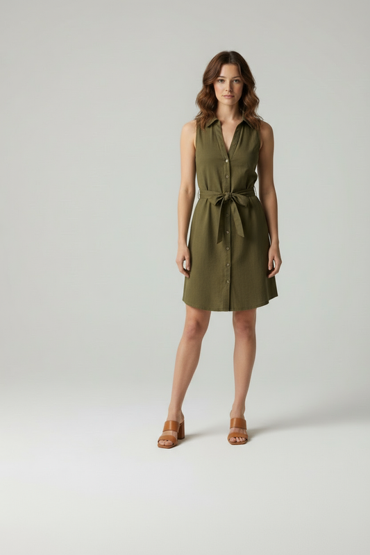 Luna - Dames overhemdjurk met Tailleband – Korte Mouwen - Polymix - Lente / Zomer