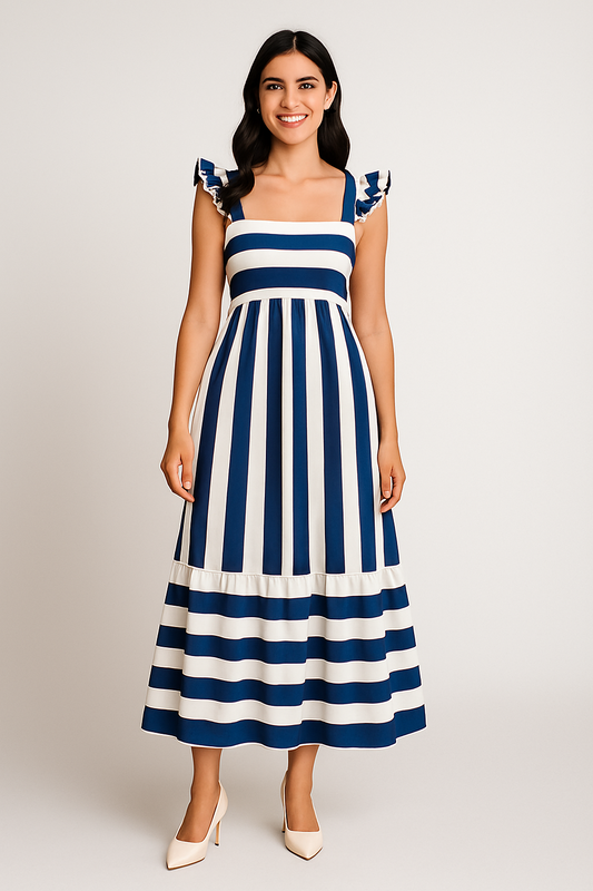 Magdalena – Elegante dames  Maxi-Jurk met Rucheschouderbandjes - Katoenmix - Lente / Zomer