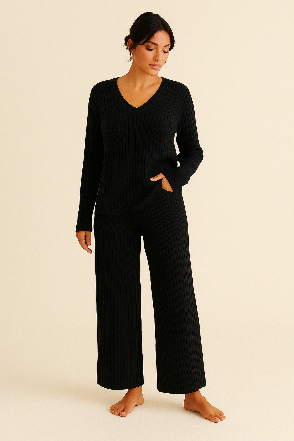 Jimena – Comfortabele tweedelige loungewear set dames – Ribstof polymix – Herfst / Lente