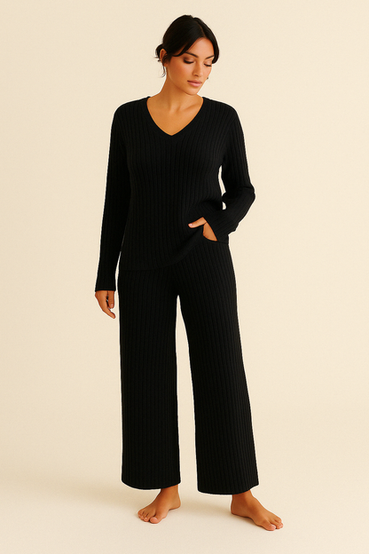 Jimena – Comfortabele tweedelige loungewear set dames – Ribstof polymix – Herfst / Lente